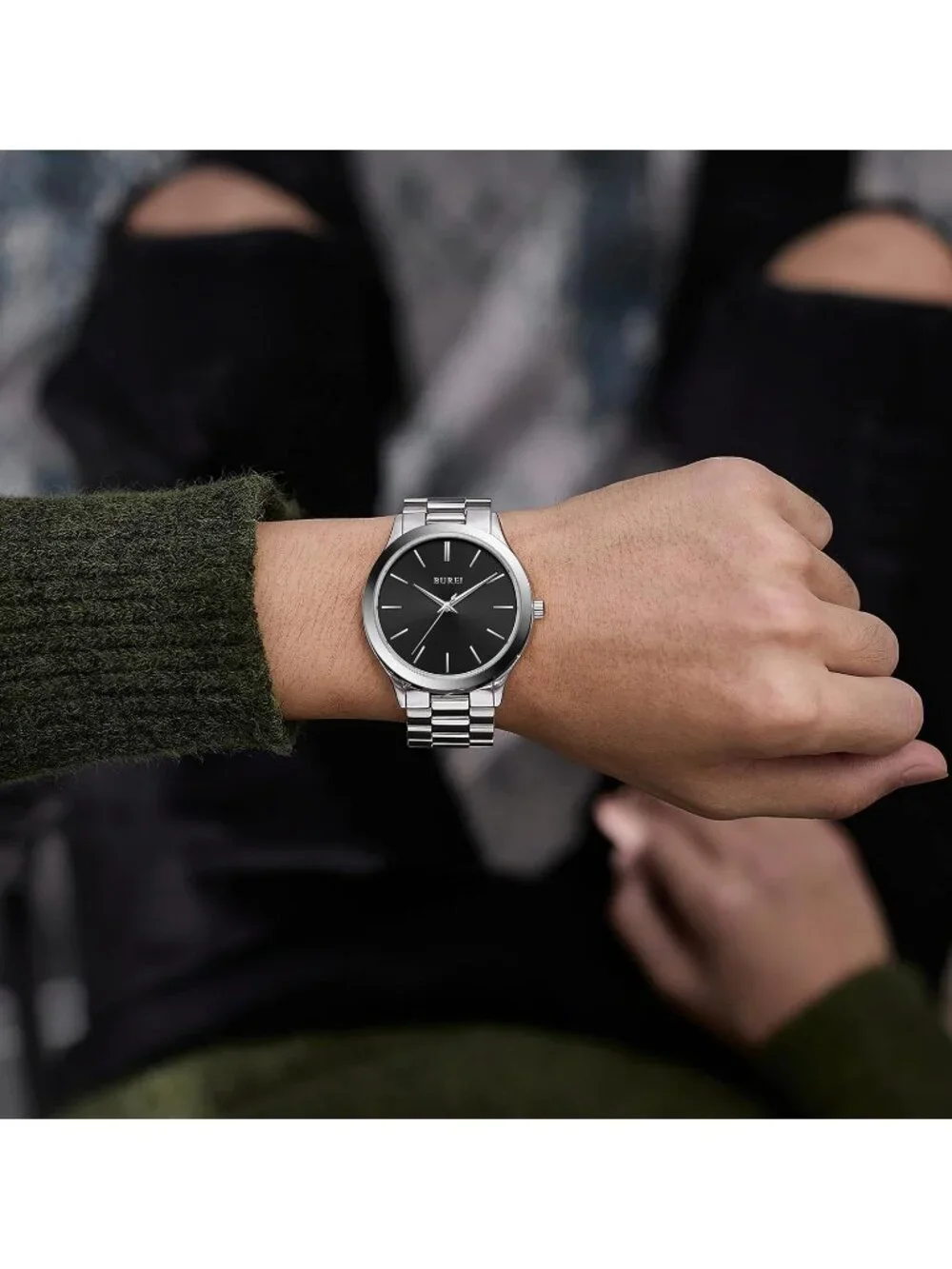 Men's Silver Black Analog Quartz Stainless Steel Waterproof Round Luxury Watch